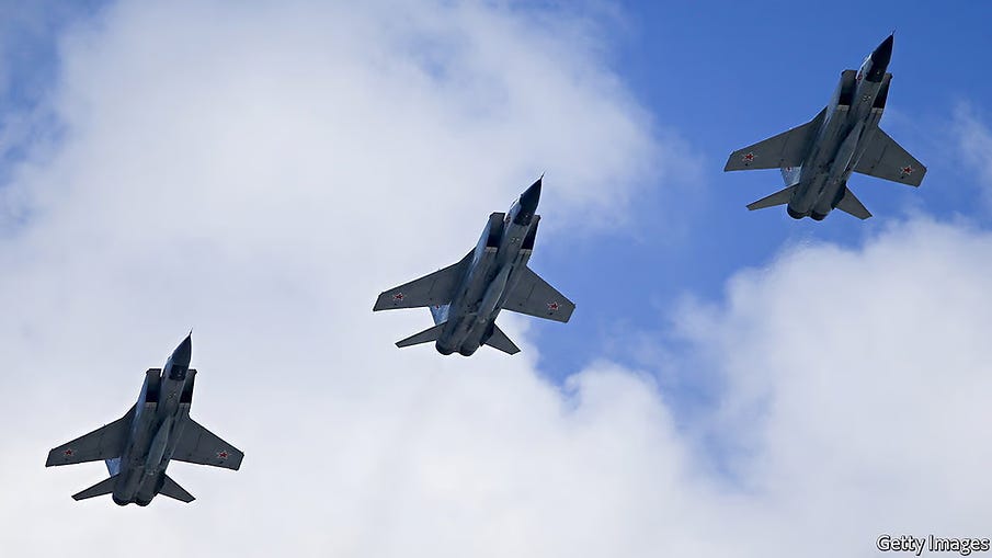 A formation of three MiG-31K stand-off bombers each carrying a single Kh-47 Kinzhal A formation of three MiG-31K stand-off bombers each carrying a single Kh-47 Kinzhal