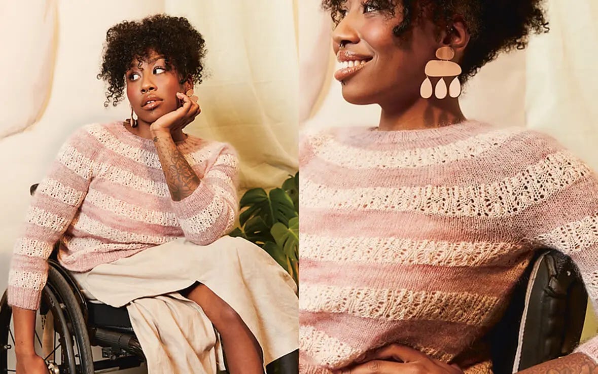 woman on wheel chair wearing a pink knitted sweater
