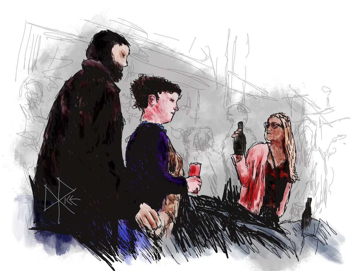 A woman holds a beer in one hand as she maneuvers through a packed bar, while the crowd enjoys some live music. Sketch art by Don Rice.