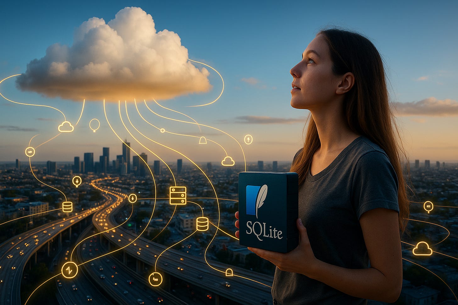 A woman holds a SQLite box while looking at a glowing cloud connected to various digital icons above a city at sunset. A woman holds a SQLite box while looking at a glowing cloud connected to various digital icons above a city at sunset.