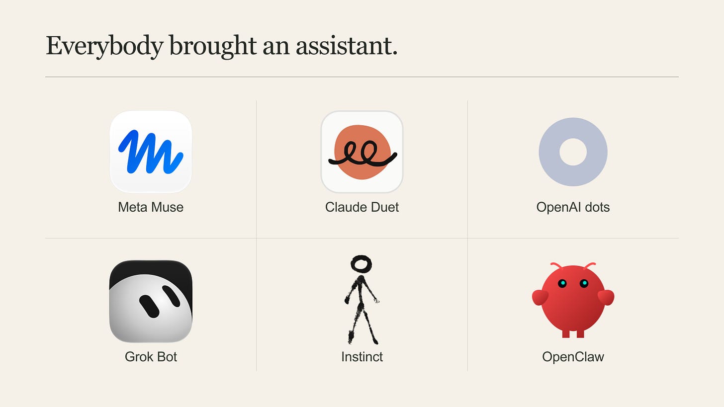 Six official AI assistant marks: Meta Muse, Claude Duet, OpenAI dots, Grok Bot, Instinct and OpenClaw. Headline: Everybody brought an assistant. Six official AI assistant marks: Meta Muse, Claude Duet, OpenAI dots, Grok Bot, Instinct and OpenClaw. Headline: Everybody brought an assistant.