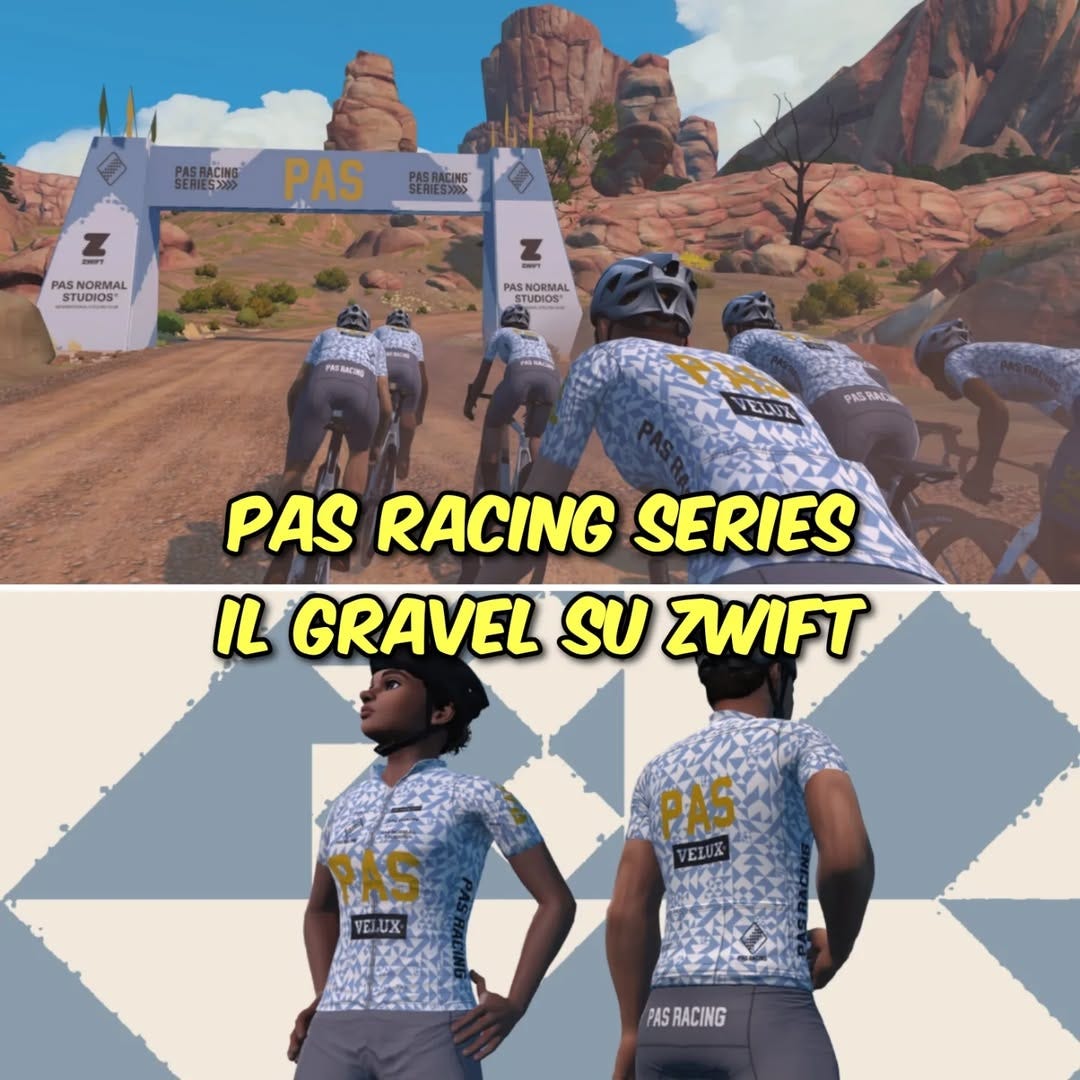 Potrebbe essere un'immagine raffigurante bicicletta e il seguente testo "PASAACINE PAS PAS NORMAL STUDIOS STUDIOS SNORMAL NOEN STUDIOS IUDIOS FkaCkg PAS RACING SERIES IL GRAVEL SU ZWIFT VELUA て VEI VEL.UX UX PAS PASRACING"