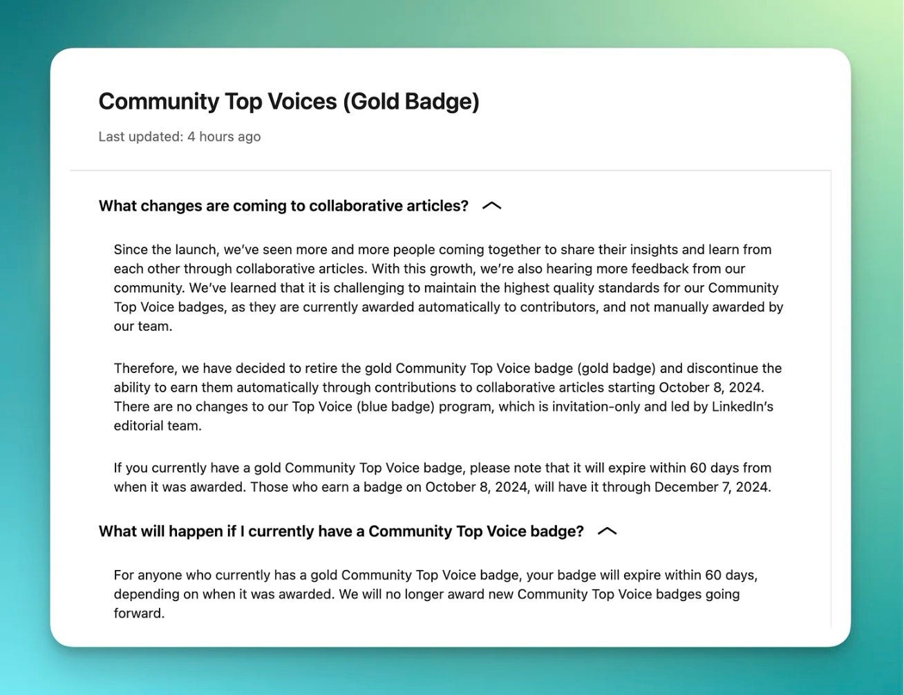 LinkedIn Top Voice Gold Badge latest development