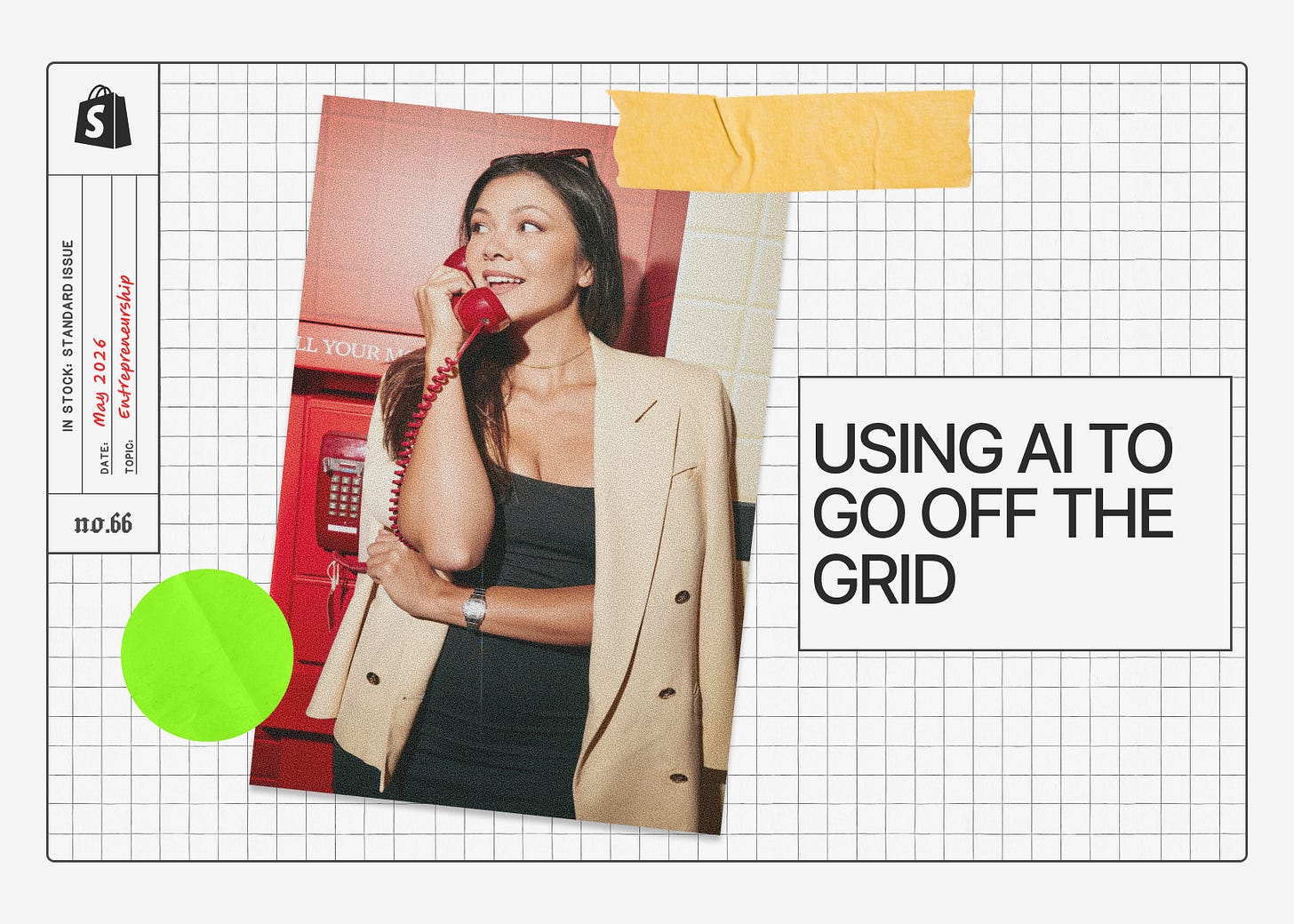 Cat Goetze holds a red corded telephone at the Physical Phones pop-up. Title reads: "Using AI to Go Off the Grid."