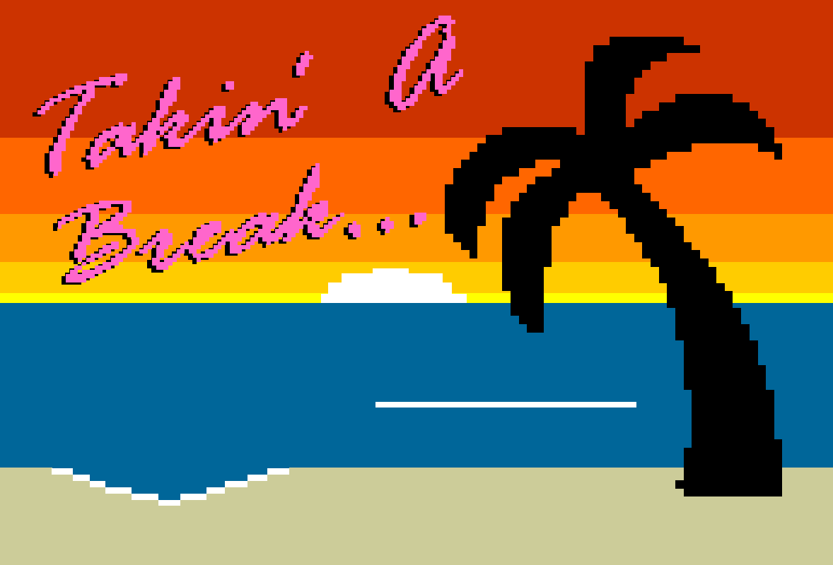 A pixelated image of a sunset on a beach with "Takin' a Break..." superimposed. A pixelated image of a sunset on a beach with "Takin' a Break..." superimposed.