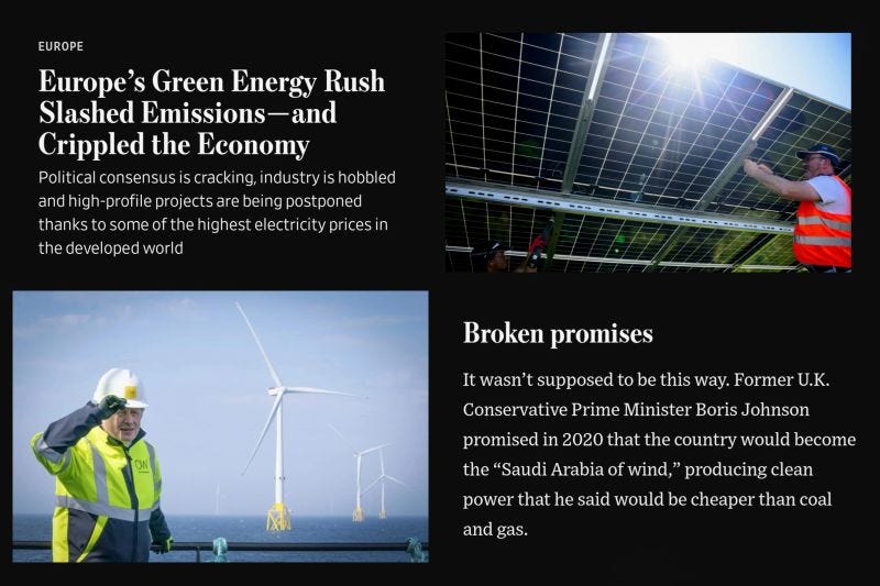 Graphic with excerpts from a WSJ article, along with photos of wind turbines and solar panels in the UK and Europe