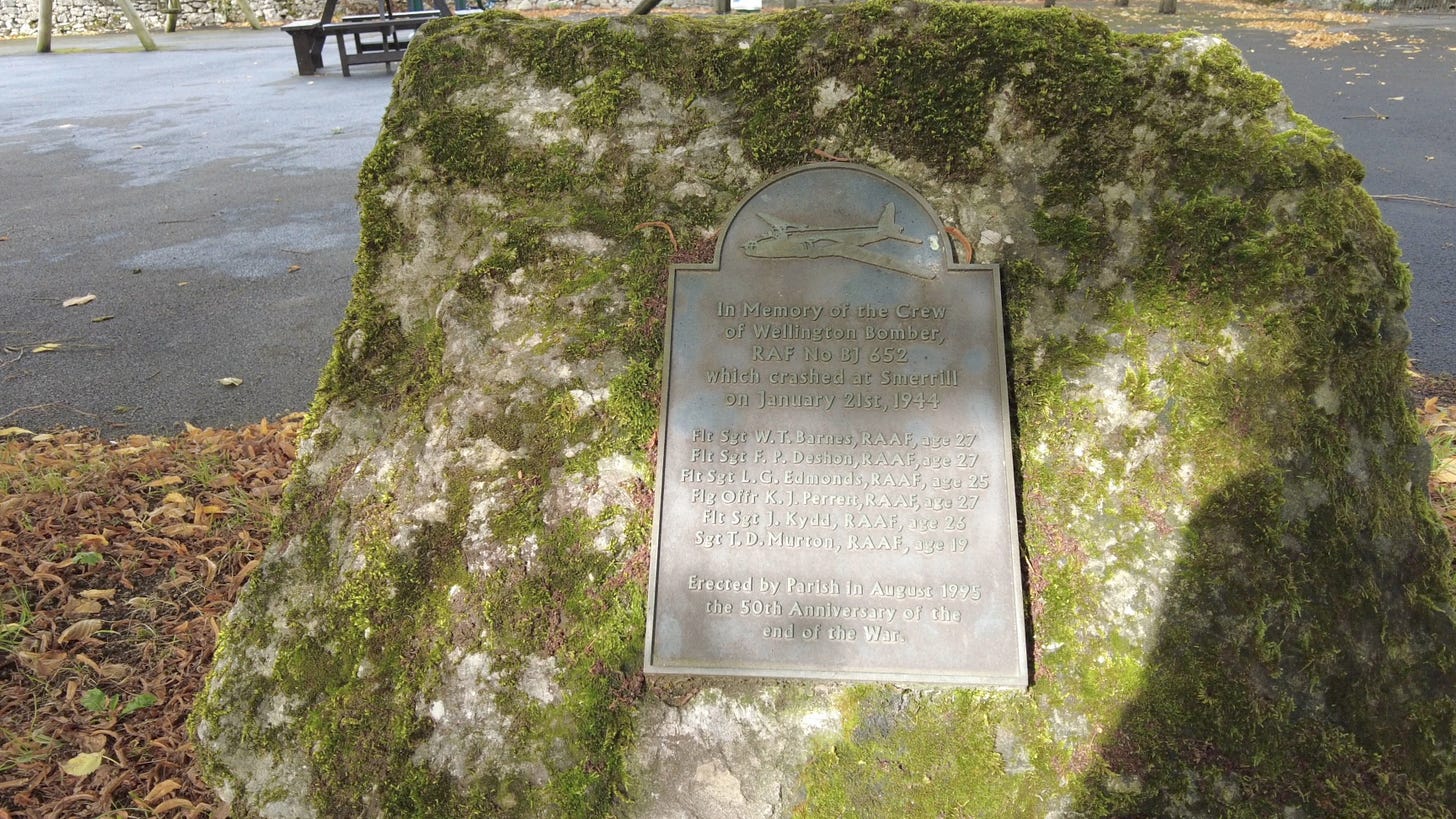 The memorial to the crew of Wellington Bomber BJ652 lost on January 21st 1944. Sited in the village of Middleton-by-Youlgreave, Derbyshire The memorial to the crew of Wellington Bomber BJ652 lost on January 21st 1944. Sited in the village of Middleton-by-Youlgreave, Derbyshire