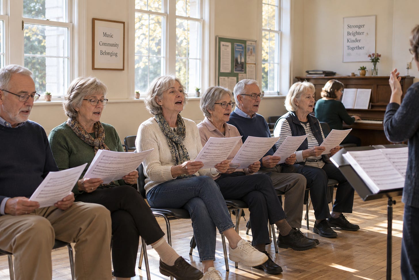 A woman in her sixties singing in a small community choir on a bright weekday afternoon, sheet music in her hands, daylight coming through tall windows.