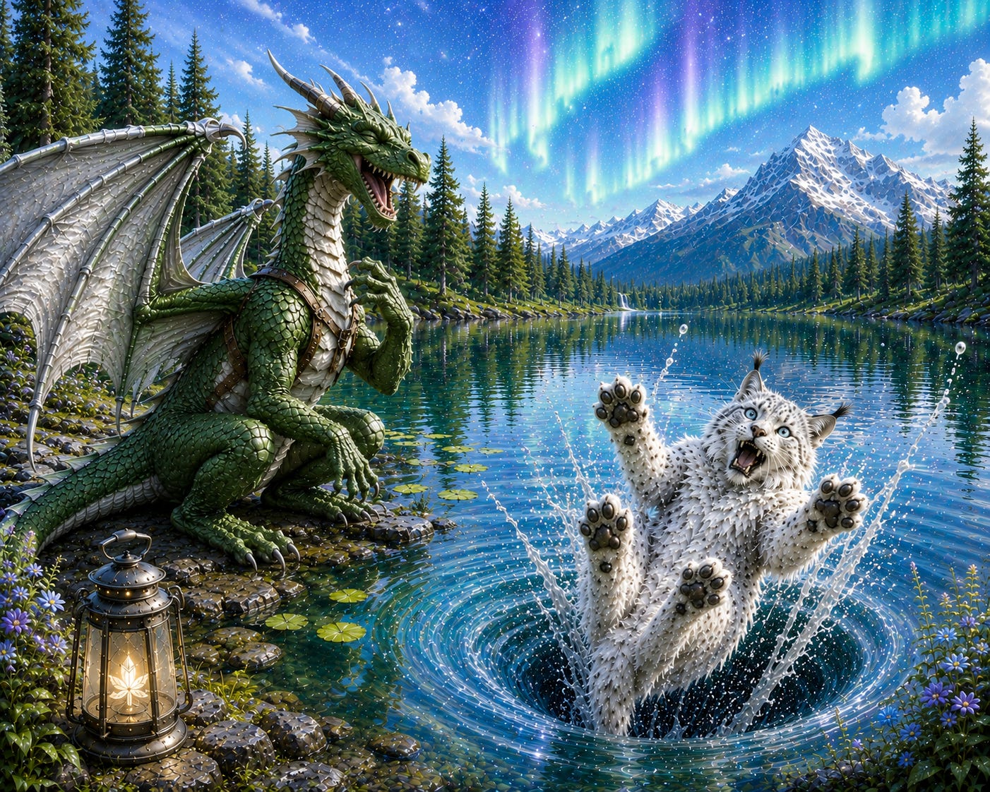 A wazzy cat falling into the laugjhing lake A wazzy cat falling into the laugjhing lake