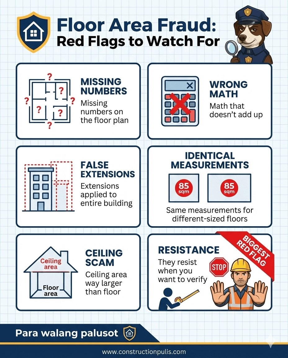 Floor area fraud red flags infographic with Inspector Milo: missing numbers, wrong math, false extensions, identical measurements, ceiling scam, and verification resistance. Construction Pulis branding on blueprint background. Floor area fraud red flags infographic with Inspector Milo: missing numbers, wrong math, false extensions, identical measurements, ceiling scam, and verification resistance. Construction Pulis branding on blueprint background.