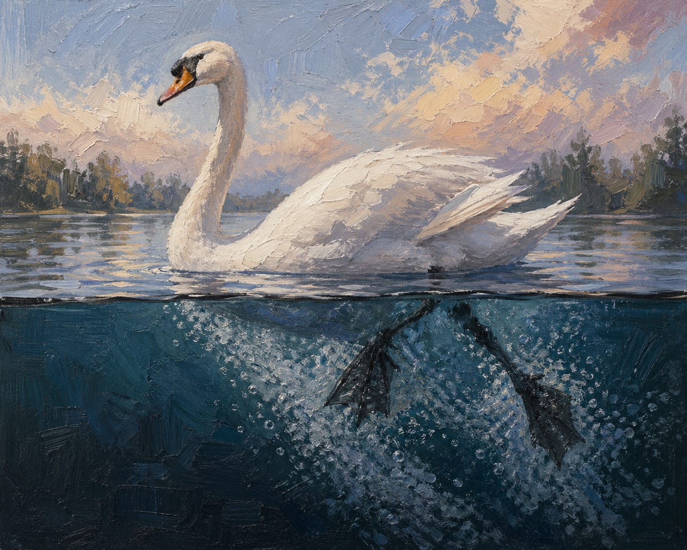 A painted swan glides calmly across a lake above the surface while beneath the water its feet paddle rapidly, creating turbulence and motion.