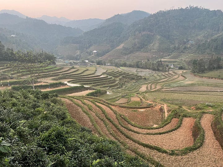 mountains, rivers, and fields