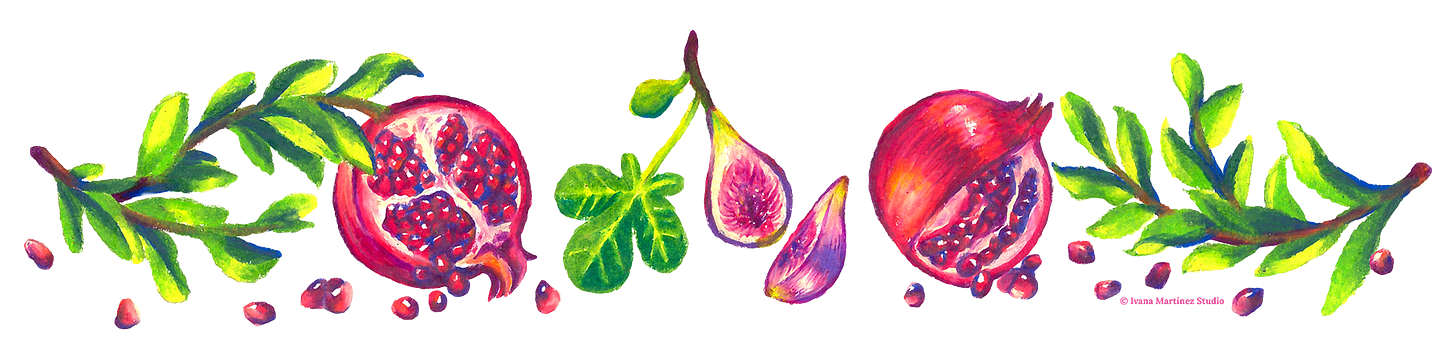 Idris's colored pencil illustration of two pomegranates and a fig flowering off their branches and cut in half