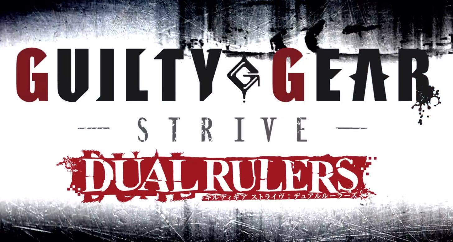 The "Guilty Gear Strive: Dual Rulers" logo text. It's in bold black and red font against a white background with grungy borders on the top and bottom.