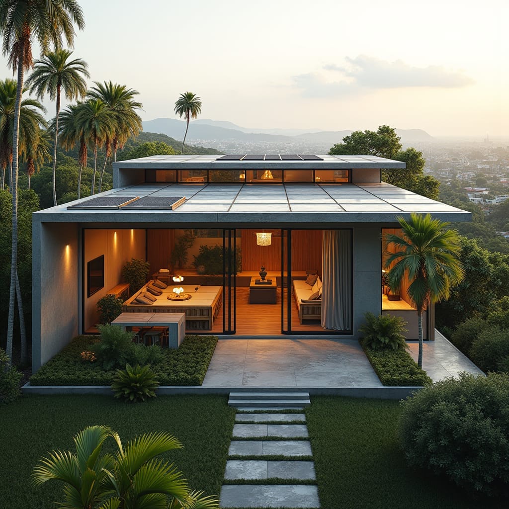 An eco-friendly, modern home in the heart of Kingston, Jamaica, designed with sustainability at its core. The house features a minimalist aesthetic with a flat roof equipped with solar panels and sleek rainwater tanks positioned around the structure for water harvesting. The exterior blends natural materials like reclaimed wood and concrete, providing both durability and environmental harmony. Palm trees and a few native plants frame the house, offering subtle greenery against the urban backdrop. Large windows maximize natural light, while the design ensures energy efficiency through proper insulation and natural ventilation. Eco-conscious architecture, urban sustainability, minimalist design.