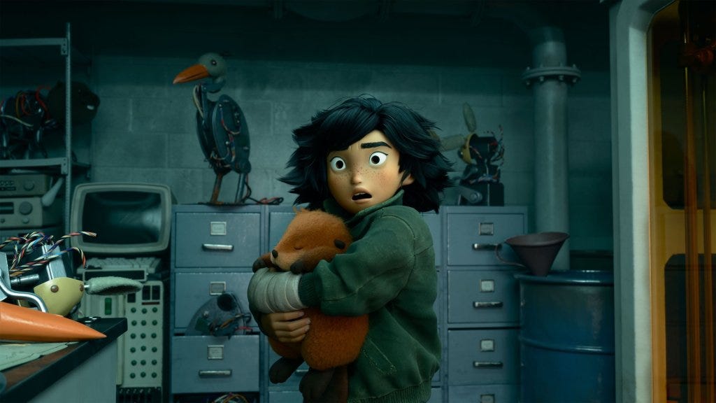 Hoppers | Still features protagonist Mabel Tanaka holding onto a robotic beaver. Hoppers | Still features protagonist Mabel Tanaka holding onto a robotic beaver.