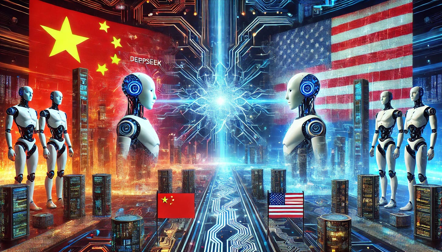 A futuristic representation of a technological race between China and the United States, focusing on artificial intelligence competition. The scene features two towering AI robots symbolizing DeepSeek's R1 and OpenAI's ChatGPT o1, surrounded by a dynamic cyber landscape. The backdrop showcases Chinese and American flags interwoven with circuits and glowing neural networks, highlighting tension and rivalry. The setting is a high-tech arena with holographic displays projecting data and graphs, and a sense of intense competition radiating from the two sides. No text is included.