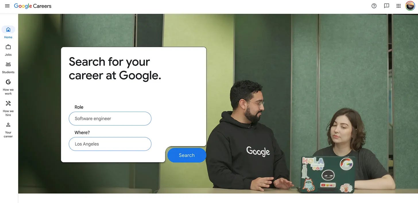 Google Careers search page with AI Engineer typed into the job title field Google Careers search page with AI Engineer typed into the job title field