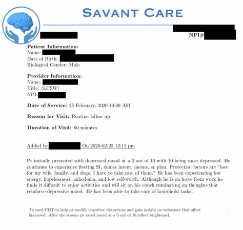 Redacted examples of the exposed documents on the database. Image 1 shows a patient registration form. Image 2 shows a screenshot of an entry in OVLGcrm. Image 3 shows a ROI doc. Image 4 shows a CURES report. Image 5 shows a patient report for Savantcare. Image 6 shows an Anthem Blue Cross insurance card.