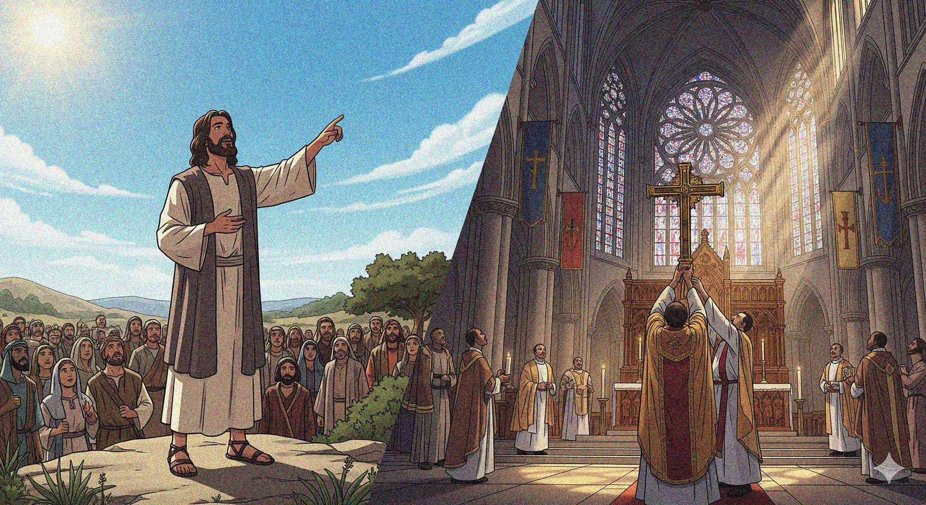 Split image of Jesus teaching a crowd and later church leaders elevating him as God, symbolizing the shift from Jesus’ own words to the doctrine of the Trinity.