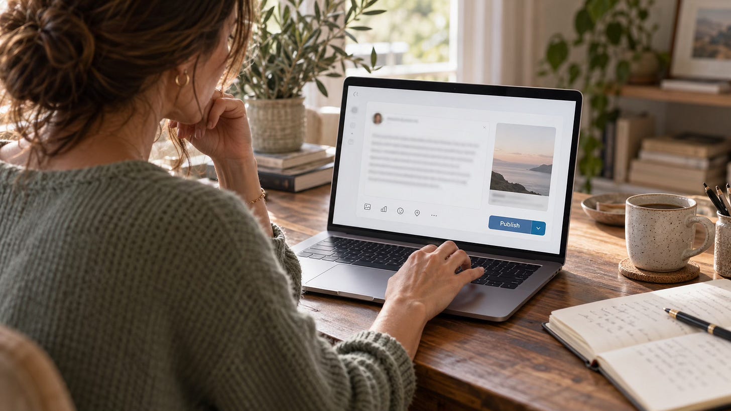 Woman at a laptop pausing before clicking publish on a professional post.