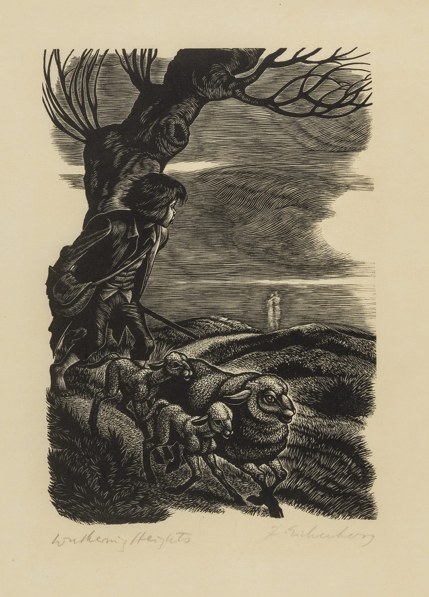 LOT:348 | Wuthering Heights.- Eichenberg (Fritz, 1901-1990) A group of four  printed book illustrations for Wuthering Heights, 1943, proof impressions