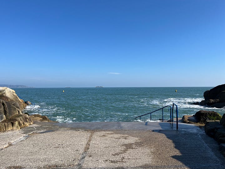 On the left: a photo from the filming of Bad Sisters at The Forty Foot, and on the right: my own picture of The Forty Foot