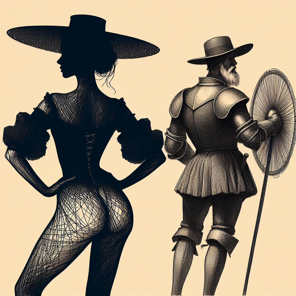 Una silueta de un cuerpo femenino, emulando a un dibujo de Cervantes y el Quijote