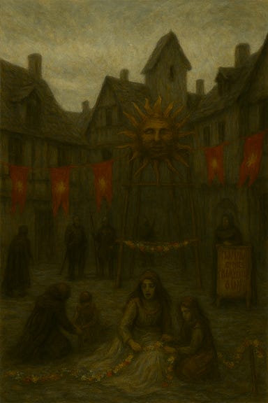 Vallaki's town square is bustling with preparations for the Festival of the Blazing Sun. Colorful banners in crimson and gold hang from windows and lampposts, while townsfolk string garlands of wilted flowers and paint sunburst symbols on wooden signs. A large wicker effigy of the sun is being assembled at the center of the square, surrounded by scaffolding and hammering workers. Children run between stalls, and guards stand watch near the perimeter. The atmosphere is tense but festive, with forced cheer masking underlying unease.