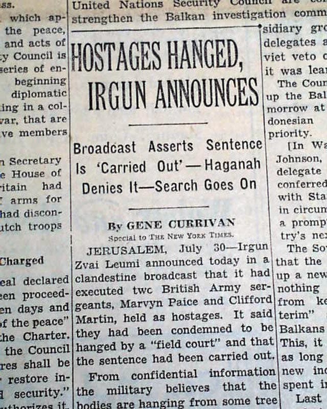 New York Times report on Irgun announcing the hanging of two British Army sergeants, showing the escalation from underground violence to hostage execution.