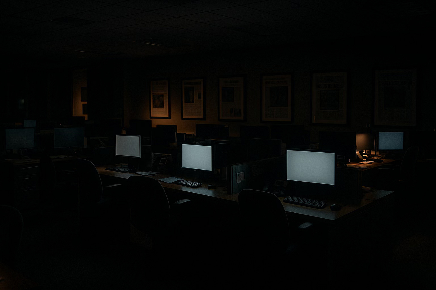 Dimly lit newsroom with mostly empty desks, faintly glowing computer monitors, and framed newspaper front pages on the wall, symbolizing the decline of traditional journalism. Dimly lit newsroom with mostly empty desks, faintly glowing computer monitors, and framed newspaper front pages on the wall, symbolizing the decline of traditional journalism.