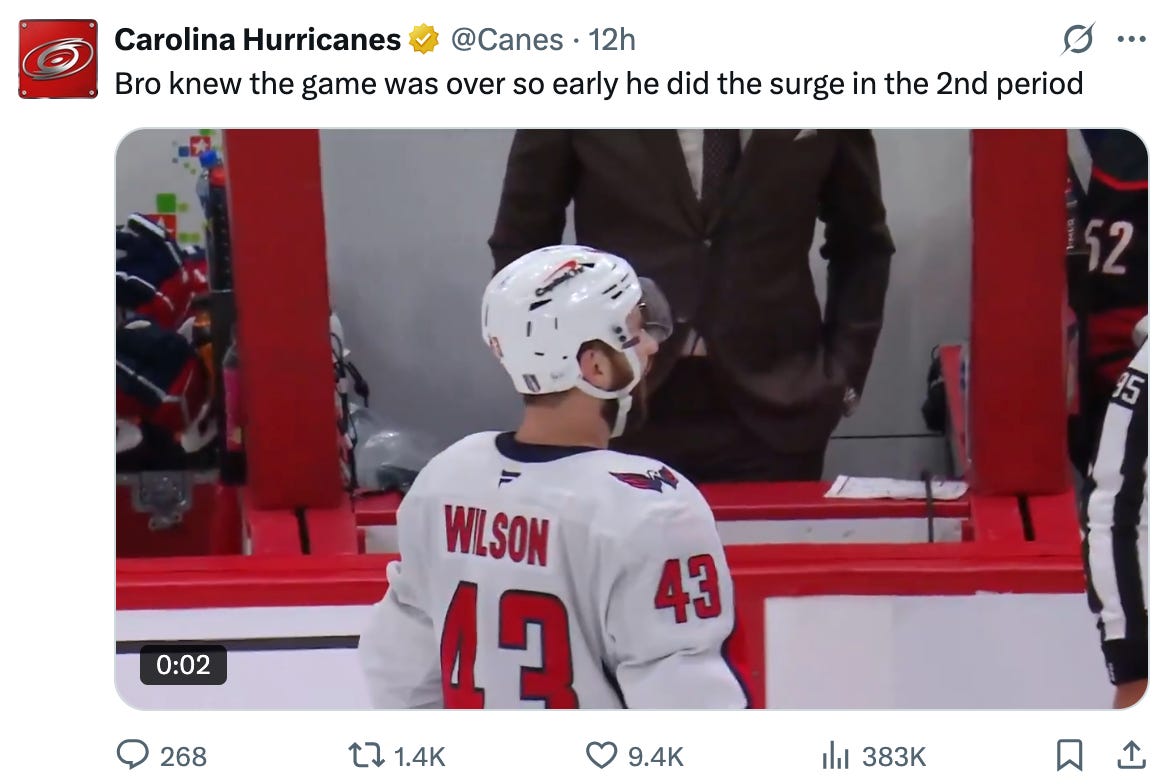 Tweet with video of Tom Wilson: "Bro knew the game was over so early he did the surge in the 2nd period"