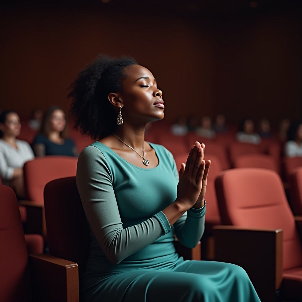 Provide me a realistic image of an African American woman with turquiose and silver outfit on sitting in solid clothing, praying with eyes closed, standing in auditorium in front of an audience, praying, 8K Resolution