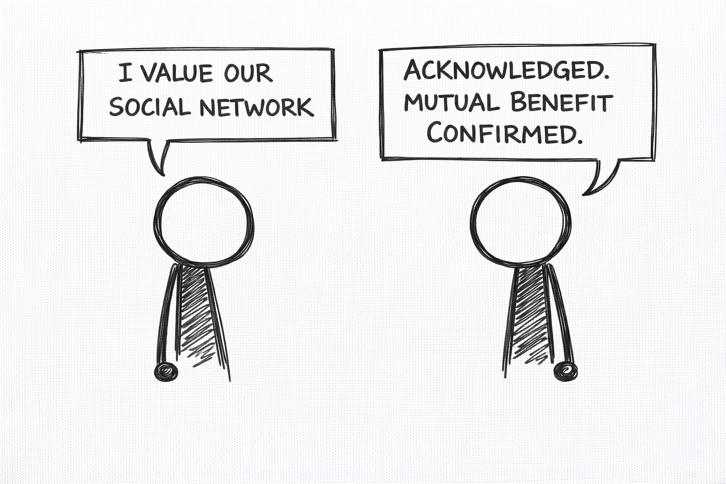 Whiteboard sketch showing a phone screen filled with formal, corporate-style text. A stick figure nearby looks horrified, with the words “FRIENDSHIP.EXE HAS STOPPED WORKING” written underneath.