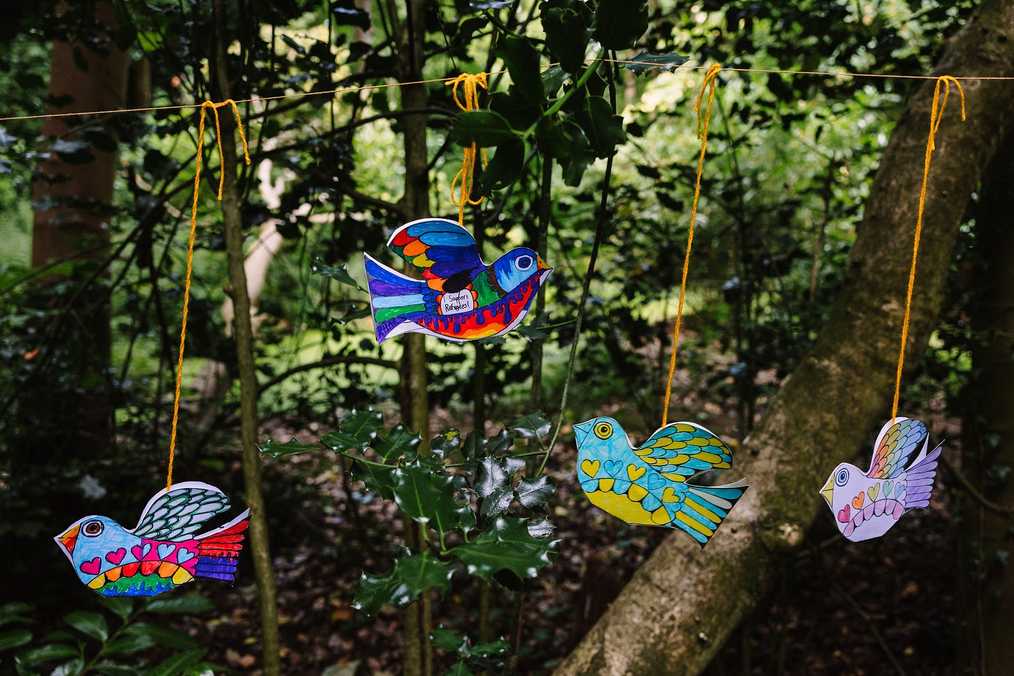 Bright and colourful paper birds hand in the trees on yellow wool at Highbury Orchard they have messages of solidarity and support for refugees written on them