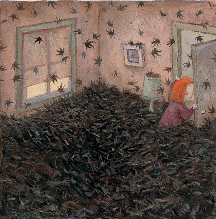 The room is shrouded with dark leaves and the bed is no longer visible. The girl is waist deep in leaves and is trying to leave the room. The small picture of a red leaf hanging on the wall above her bed is still in full view.
