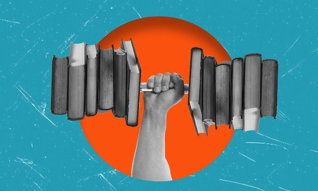 This may contain: a hand is holding up several books in front of an orange and blue background with the sun behind it