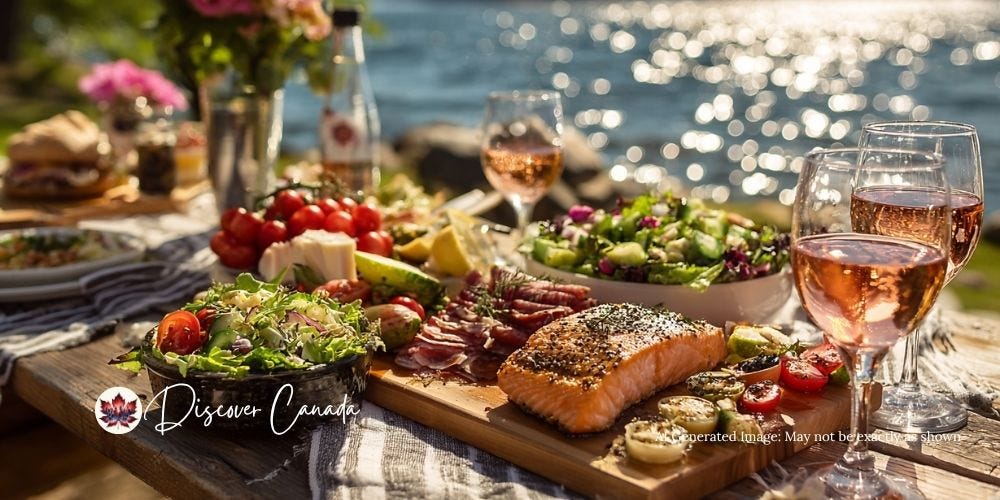 Rosé wine with charcuterie and grilled salmon on an outdoor table Rosé wine with charcuterie and grilled salmon on an outdoor table