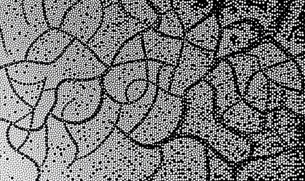 Pointillist painting showing a large, complex pattern gradually resolving into smaller, distinct elements. Each dot represents a small, manageable task. The viewer's eye naturally follows the flow from overwhelming complexity to organized simplicity.