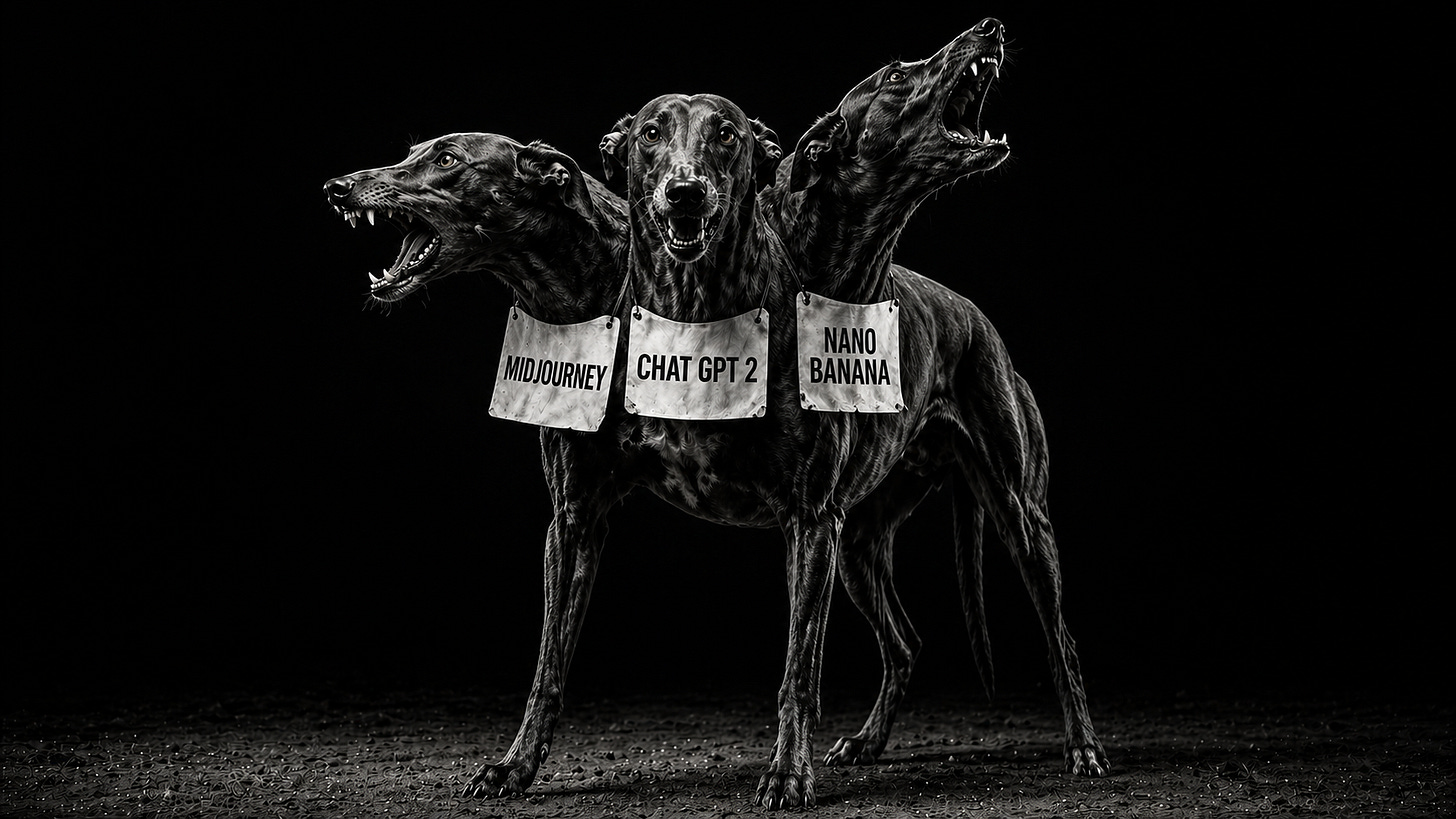 Three-headed greyhound wearing race bibs labeled Midjourney, Chat GPT 2, and Nano Banana -- one body, three tools fighting for the crown.