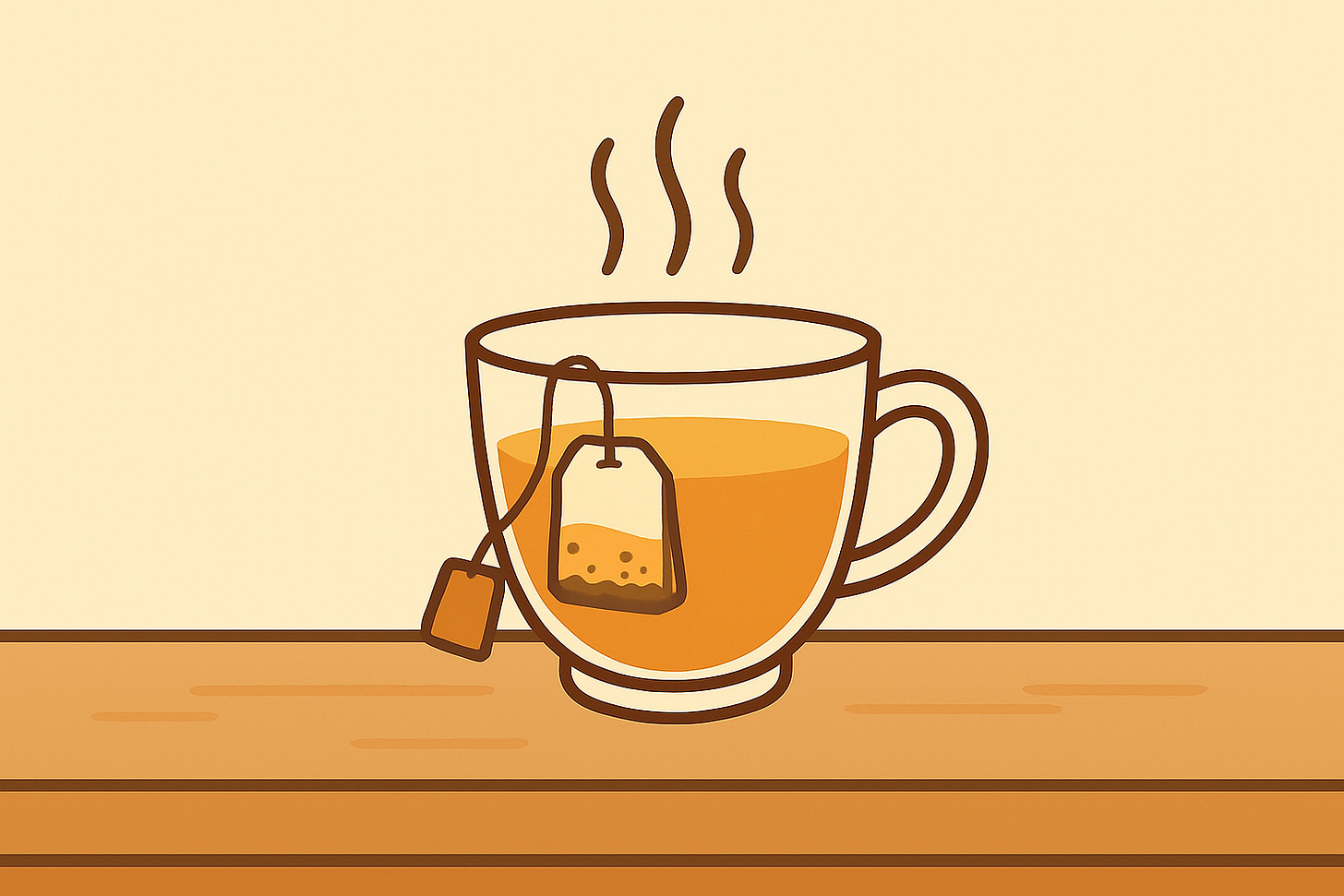 A steaming cup of tea with a tea bag resting on the table, indicating the brewing process.