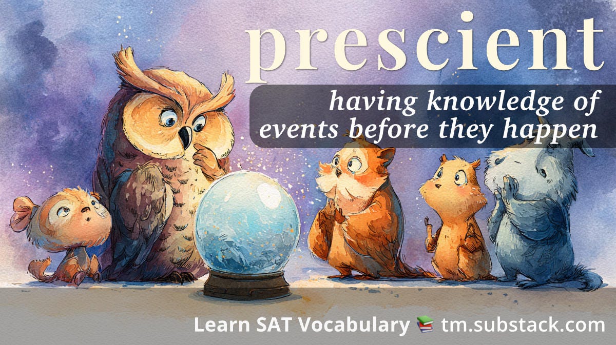 Prescient -- SAT word card: wise owl and woodland animals gathered around a glowing crystal ball, hinting at knowing events beforehand.