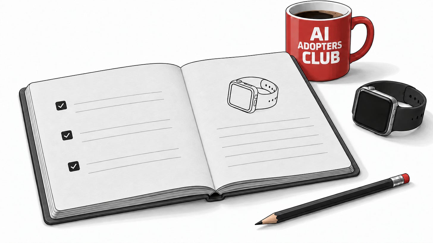 A two-page workbook, real Watch and red AI Adopters Club mug represent the practical thinking and testing guide.