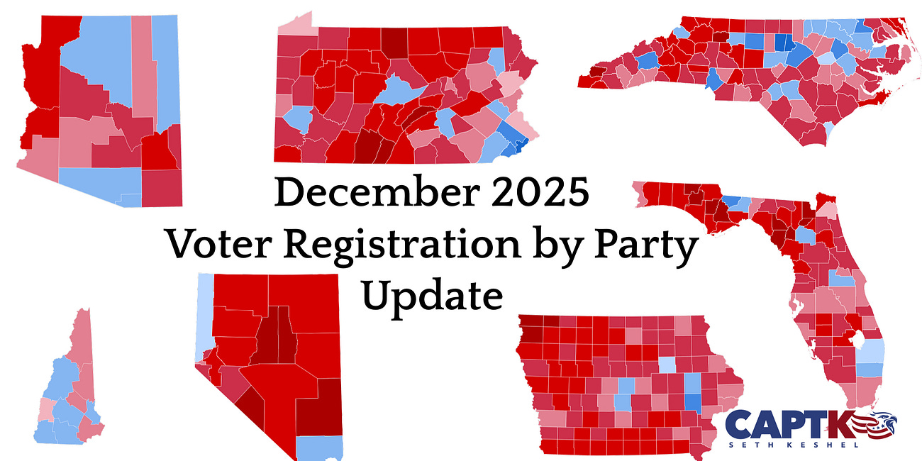 December 2025 Voter Registration by Party Updates for Key 2026 and 2028 Battlegrounds