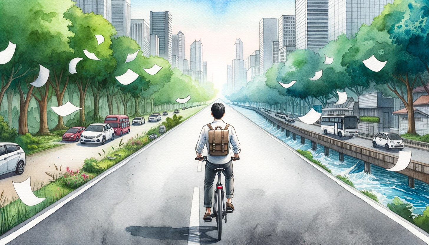 Watercolor Painting: A 30-year-old white male cyclist is in the center of a wide road, with distinct atmospheres on either side. One side is calm and peaceful, filled with trees and a river, while the other side is busy with skyscrapers and traffic. Papers fly behind the cyclist, emphasizing the balance between two worlds.