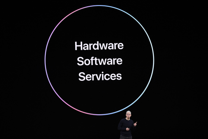 Tim Cook in 2019 presenting Apple's hardware, software, and services