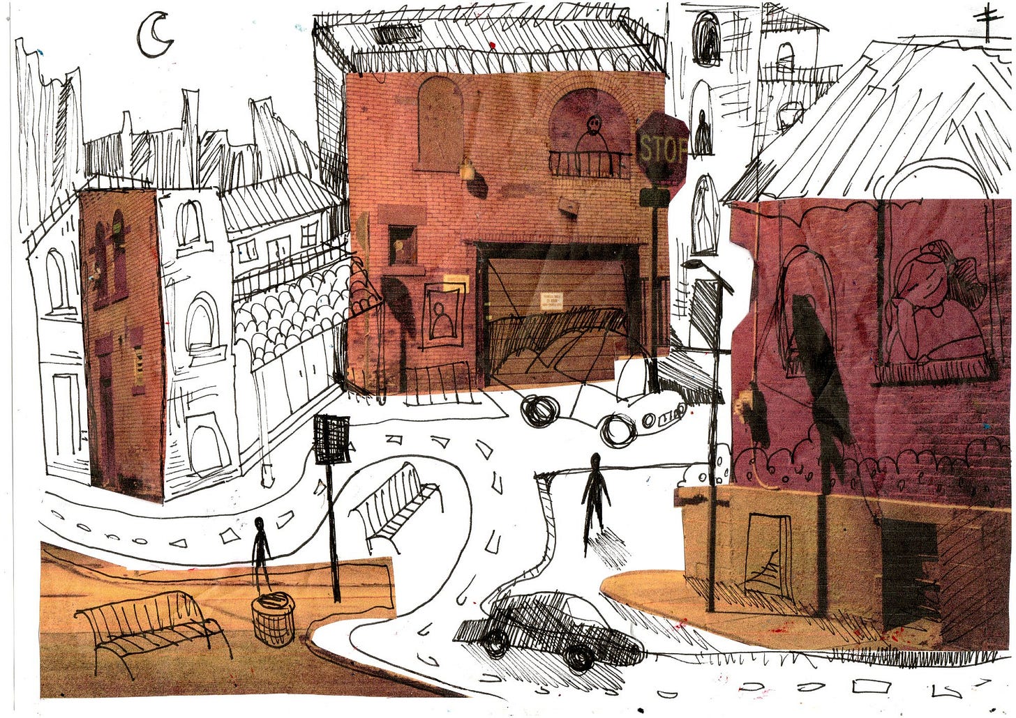 Desenho com caneta nanquim sobre papel branco, no topo de uma foto recortada da fotógrafa Katelyn Nee. Retrata um tipo de cidade com ruas, carros, pessoas, prédios, placas e uma lua no céu.