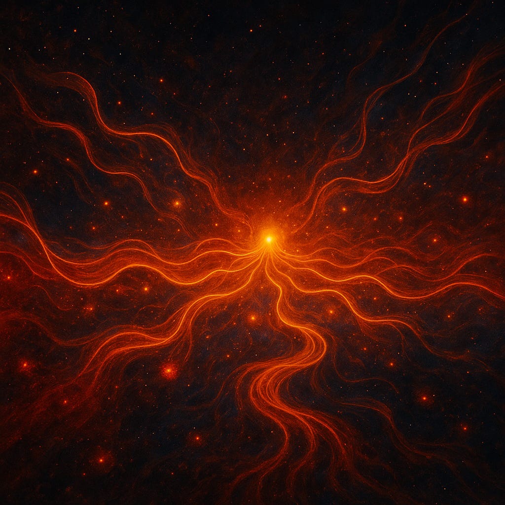 A glowing, radiant point of light shines at the center of a dark cosmic field, sending out fiery orange plasma-like tendrils that ripple and weave outward in all directions. The tendrils look like living streams of energy, branching like roots or veins through space, connecting to tiny glowing orbs scattered across the starry background. The image evokes the sense of plasma currents forming the first weaving threads of the universe.