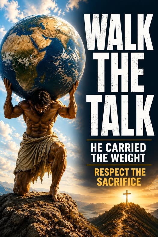 May be an image of text that says 'WALK THE TALK HE CARRIED WEIGHT RESPECT Τ SACRIFICE' May be an image of text that says 'WALK THE TALK HE CARRIED WEIGHT RESPECT Τ SACRIFICE'