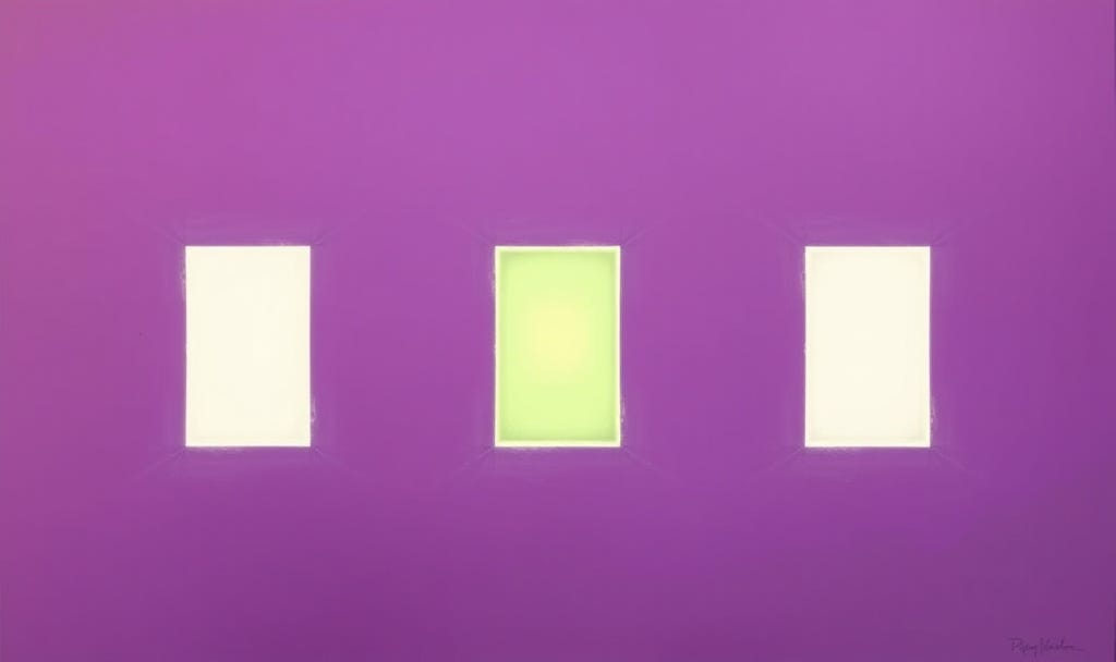 three rectangular squares in ivory and green, in front of a purple background three rectangular squares in ivory and green, in front of a purple background